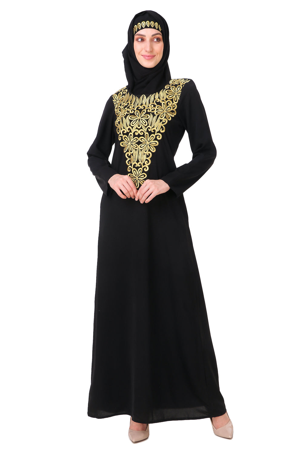 Gold Hand Embroidered Neck Fancy Abaya AY-809