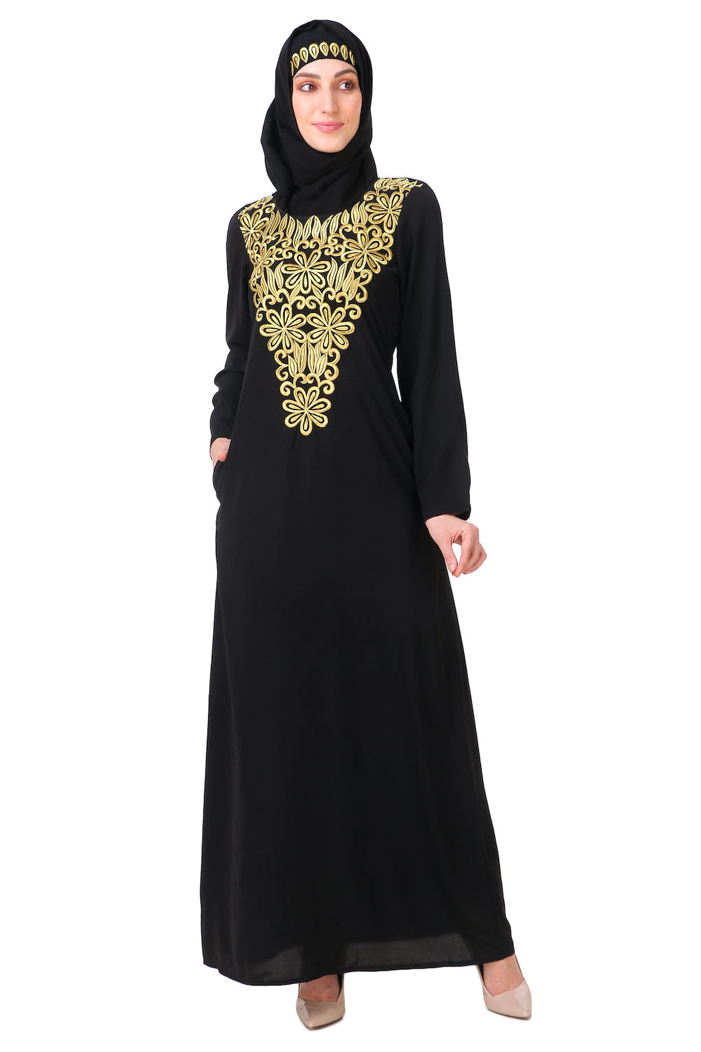 Gold Hand Embroidered Neck Fancy Abaya AY-809