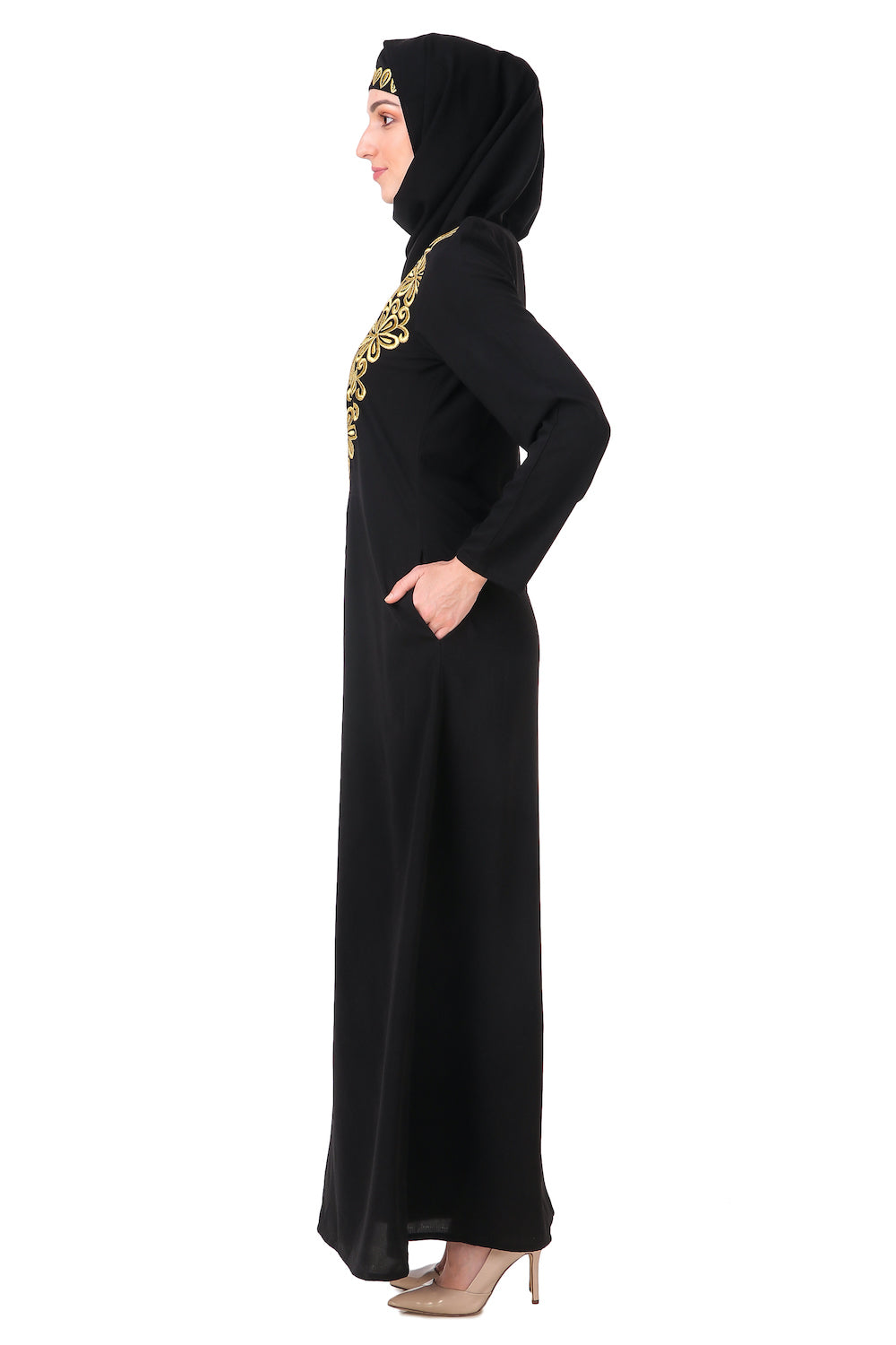 Gold Hand Embroidered Neck Fancy Abaya AY-809