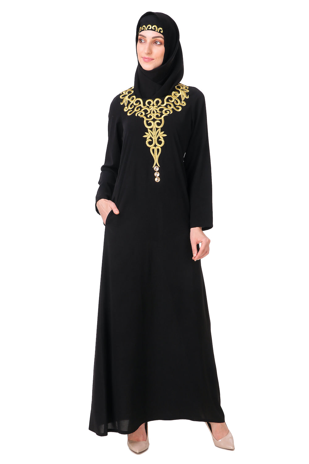 Gold Hand Embroidered Neck Fancy Abaya AY-810