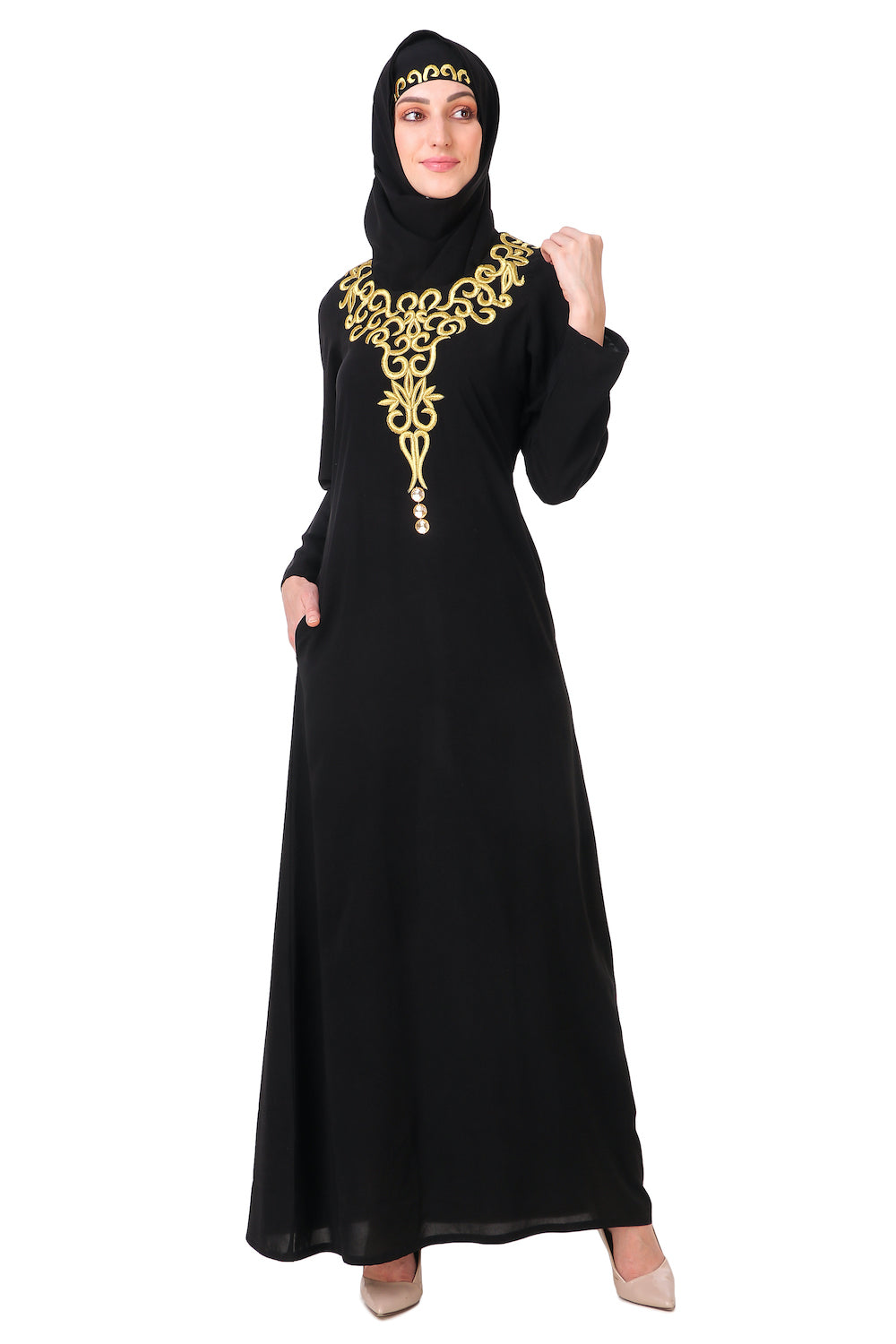 Gold Hand Embroidered Neck Fancy Abaya AY-810