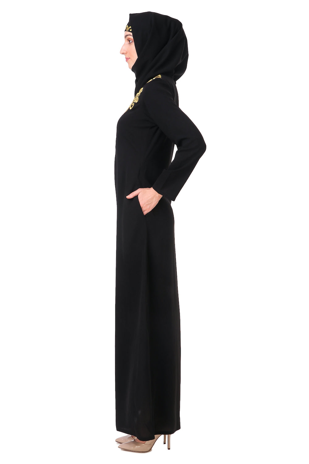 Gold Hand Embroidered Neck Fancy Abaya AY-810