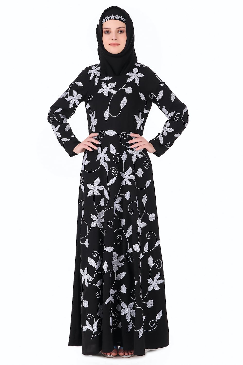 Embroidered Floral Vines Flared Abaya