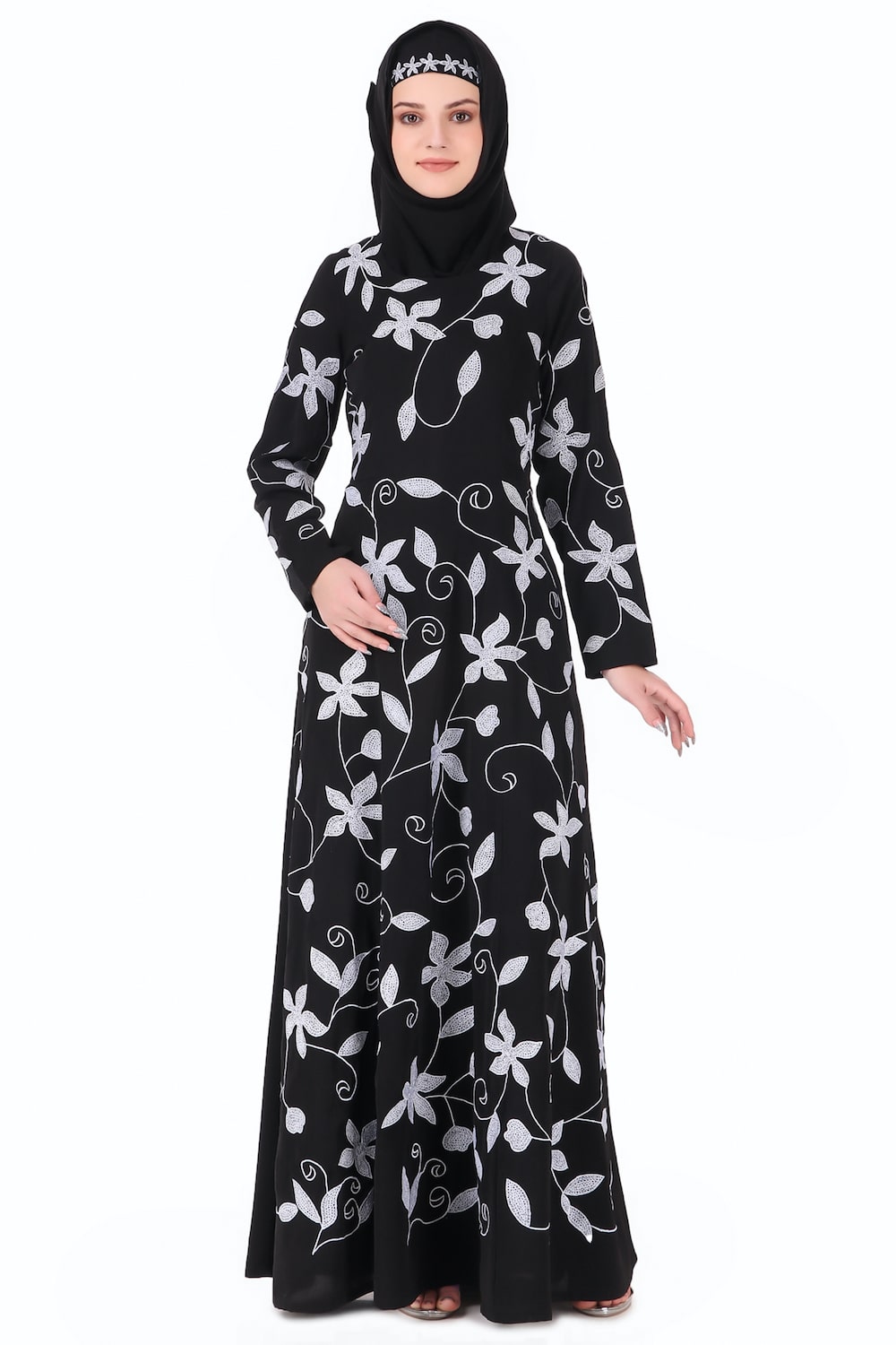 Embroidered Floral Vines Flared Abaya