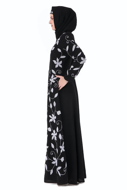 Embroidered Floral Vines Flared Abaya