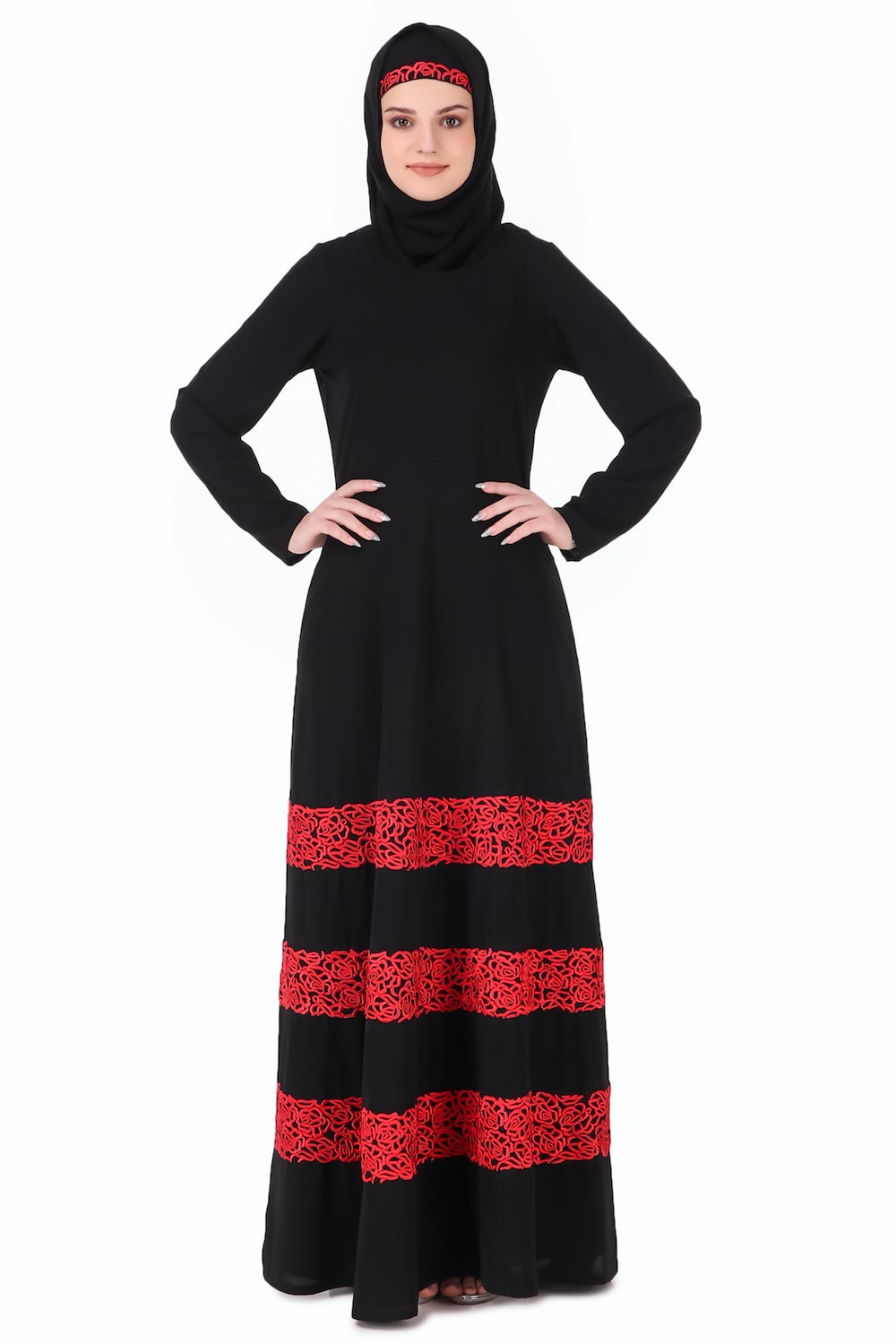 Red Embroidered Lace Abaya