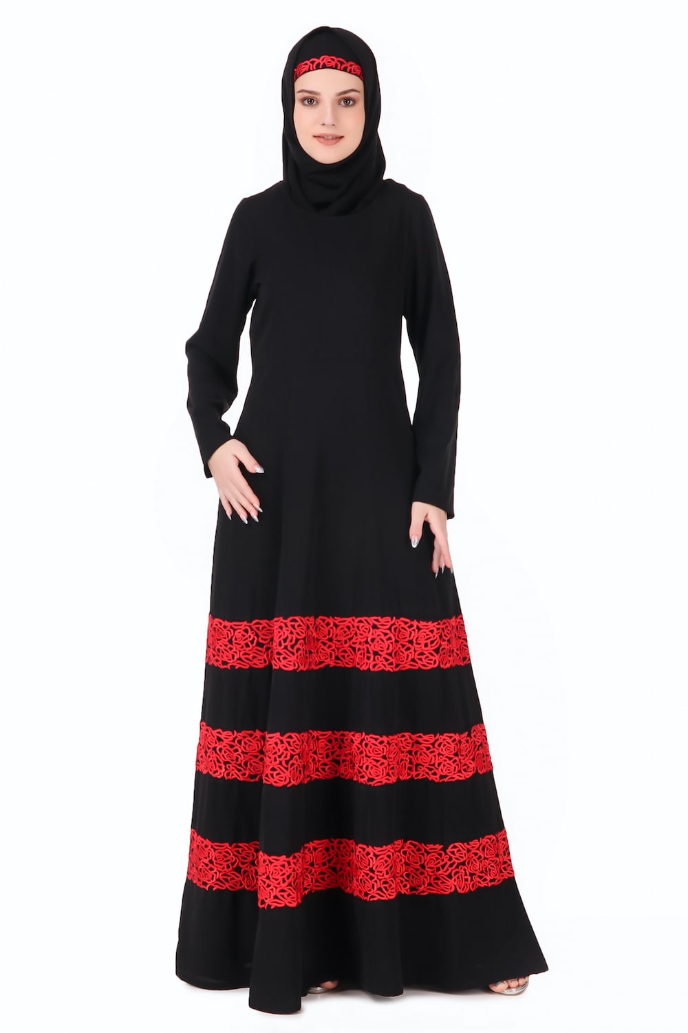 Red Embroidered Lace Abaya