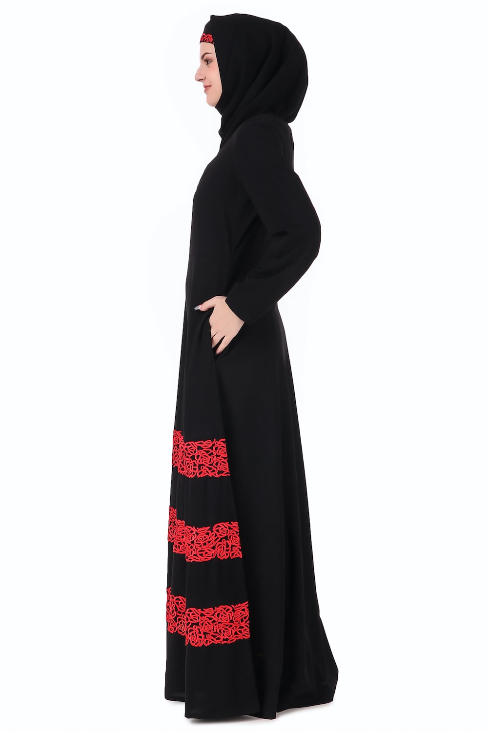 Red Embroidered Lace Abaya