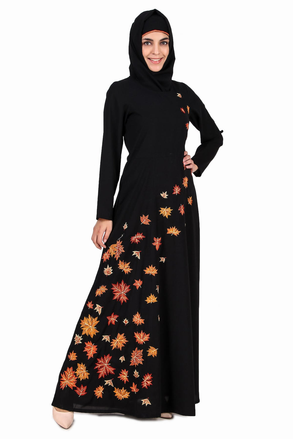 Falling Leaf Embroidery Flared Abaya