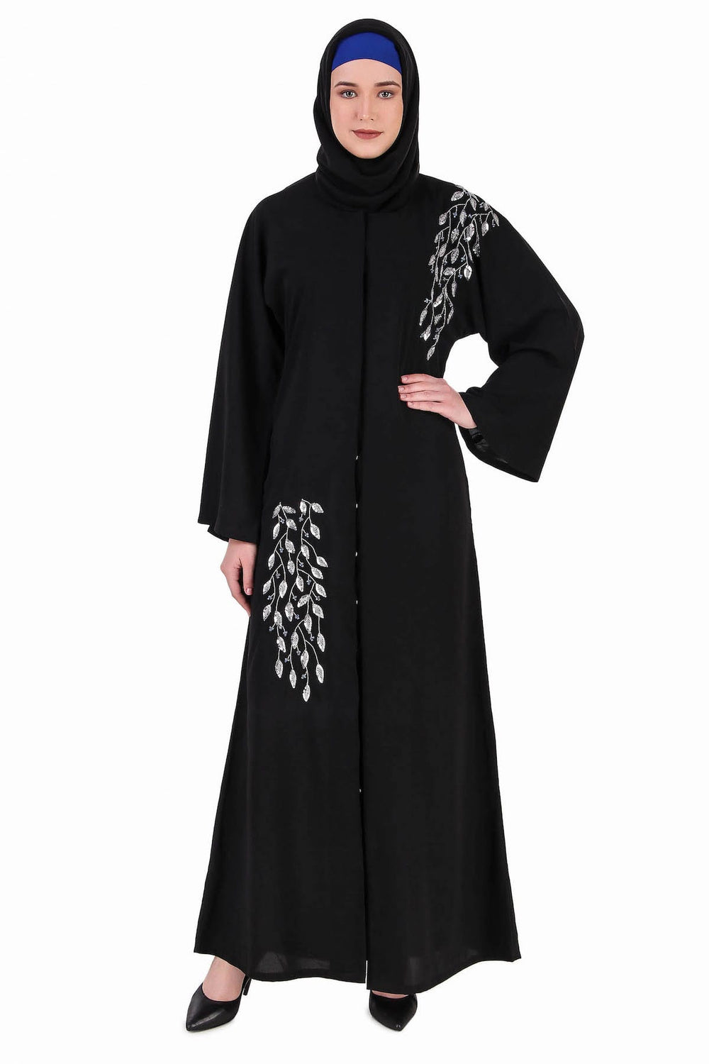 Front Open Hand Leaf Embroidered Dubai Abaya