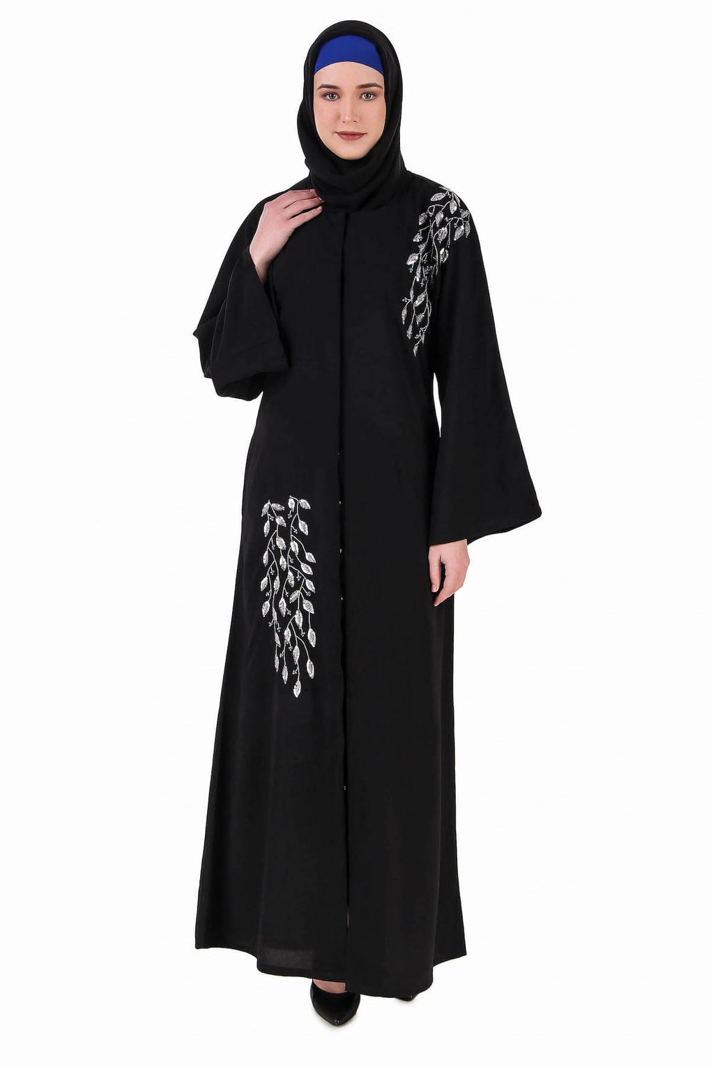 Front Open Hand Leaf Embroidered Dubai Abaya