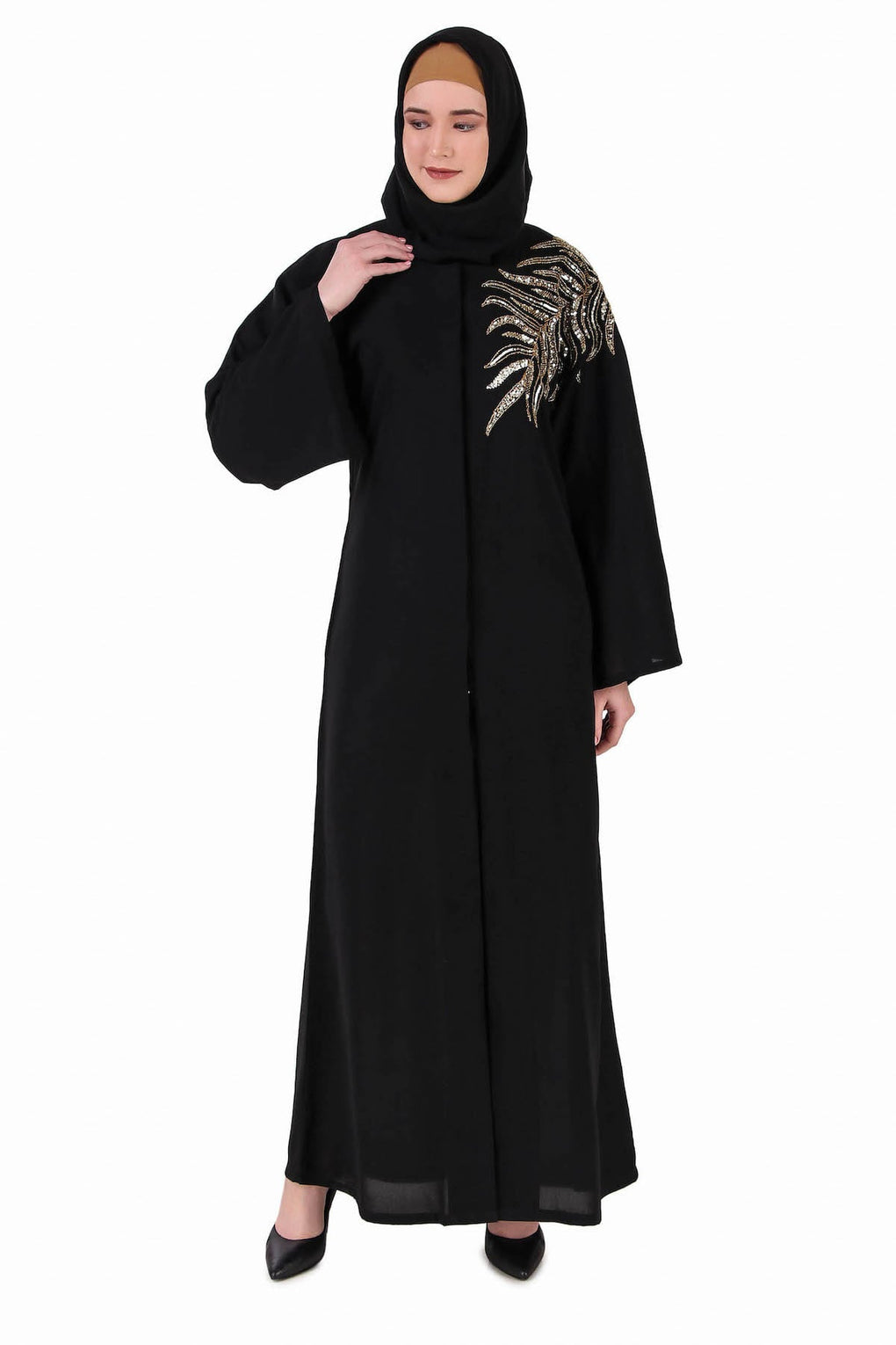 Front Open Hand Gold Leaf Embroidered Dubai Abaya