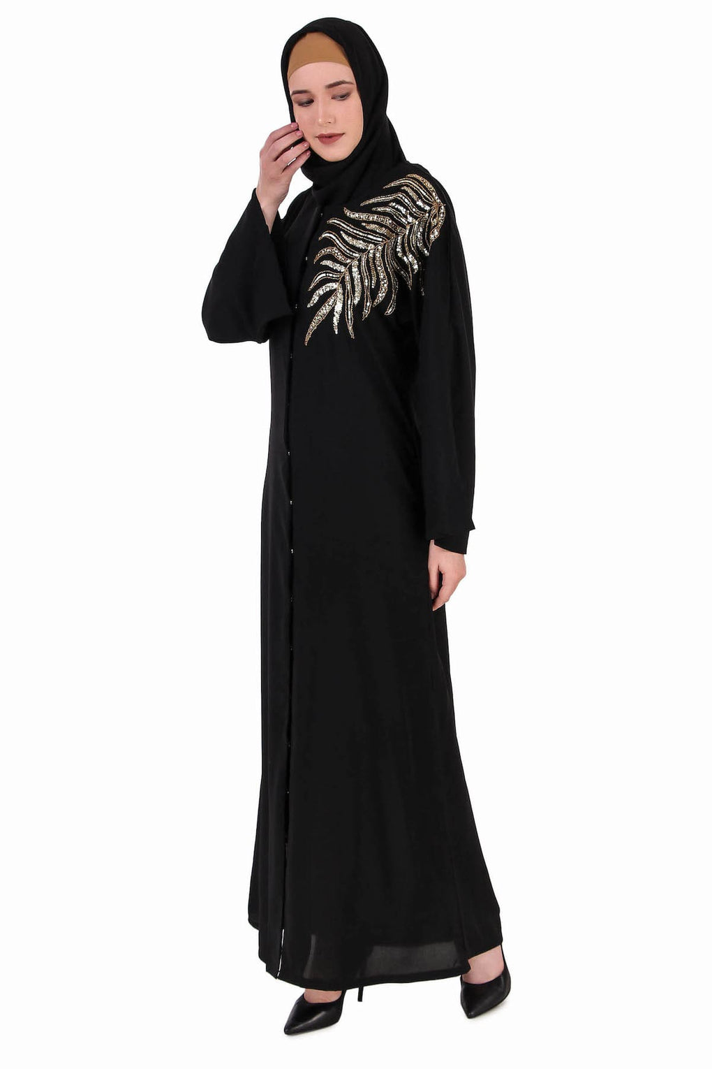 Front Open Hand Gold Leaf Embroidered Dubai Abaya