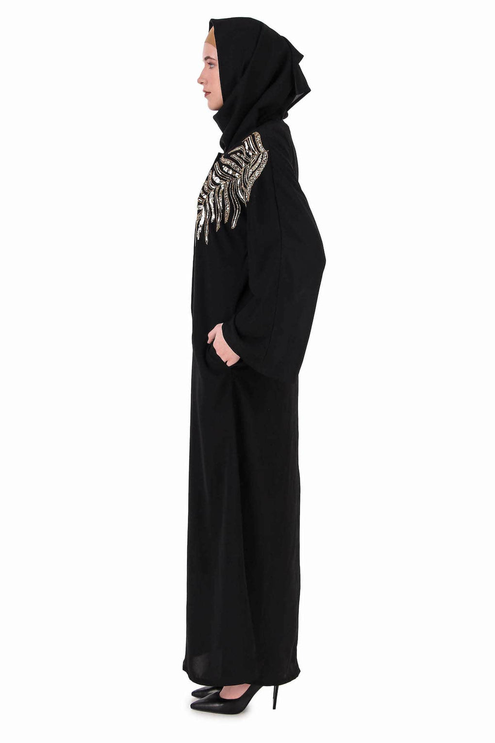 Front Open Hand Gold Leaf Embroidered Dubai Abaya