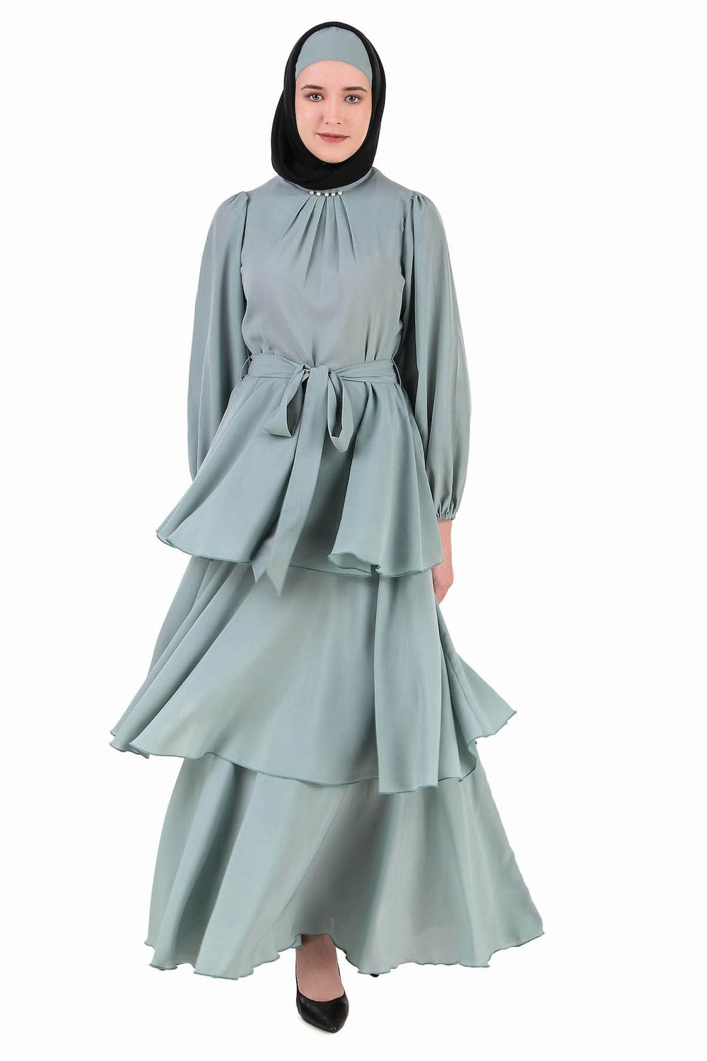 Fancy Sea Green Layered Abaya