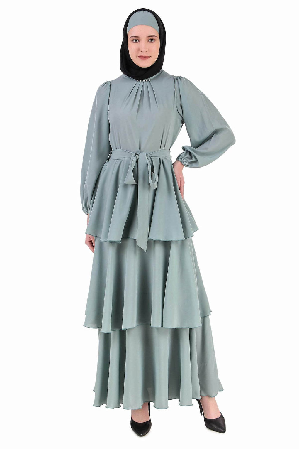 Fancy Sea Green Layered Abaya