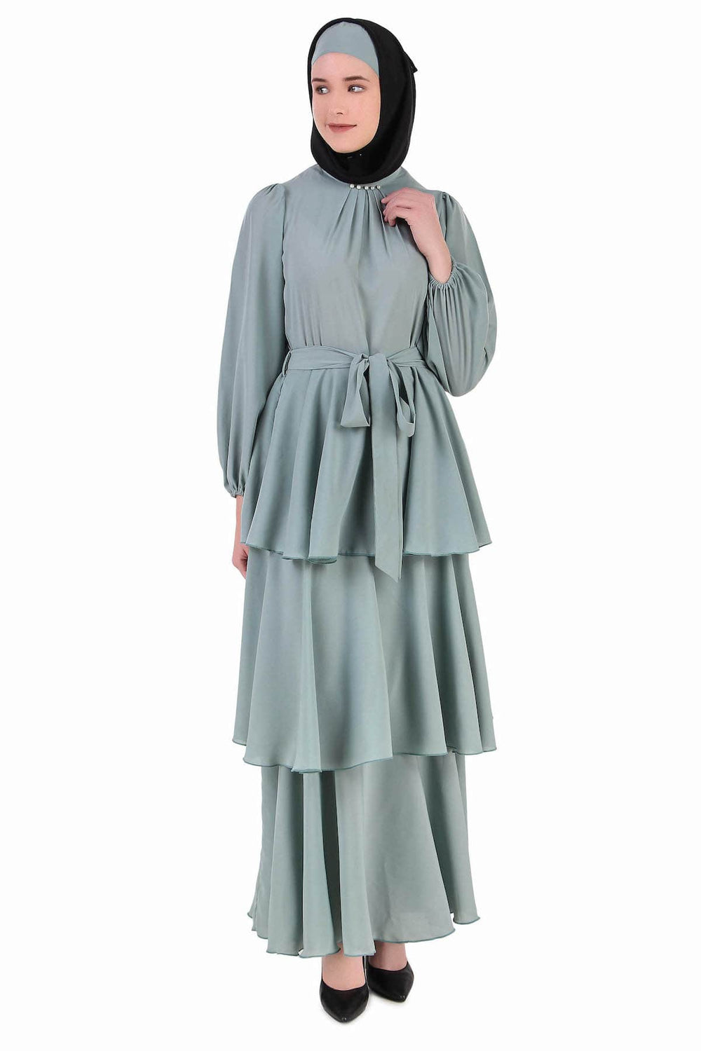 Fancy Sea Green Layered Abaya