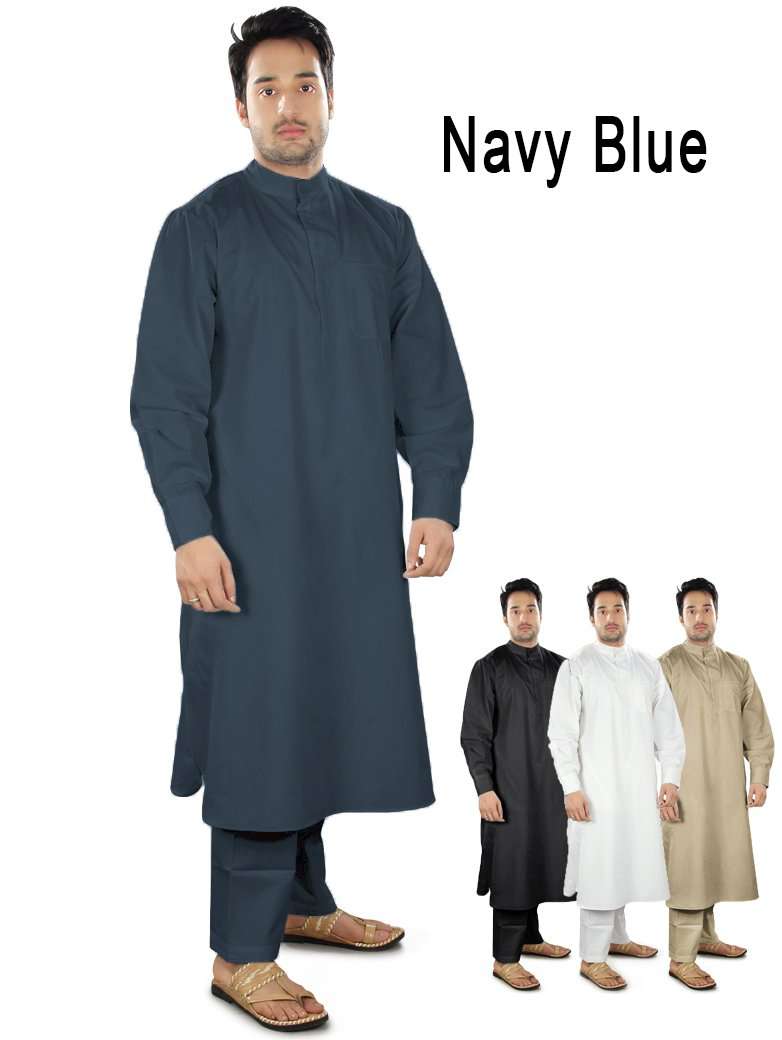 A navy blue kurta pajama displayed with other color options in the background, featuring a band collar, front open placket with button closure, side slits, utility pockets, and cuff sleeves.