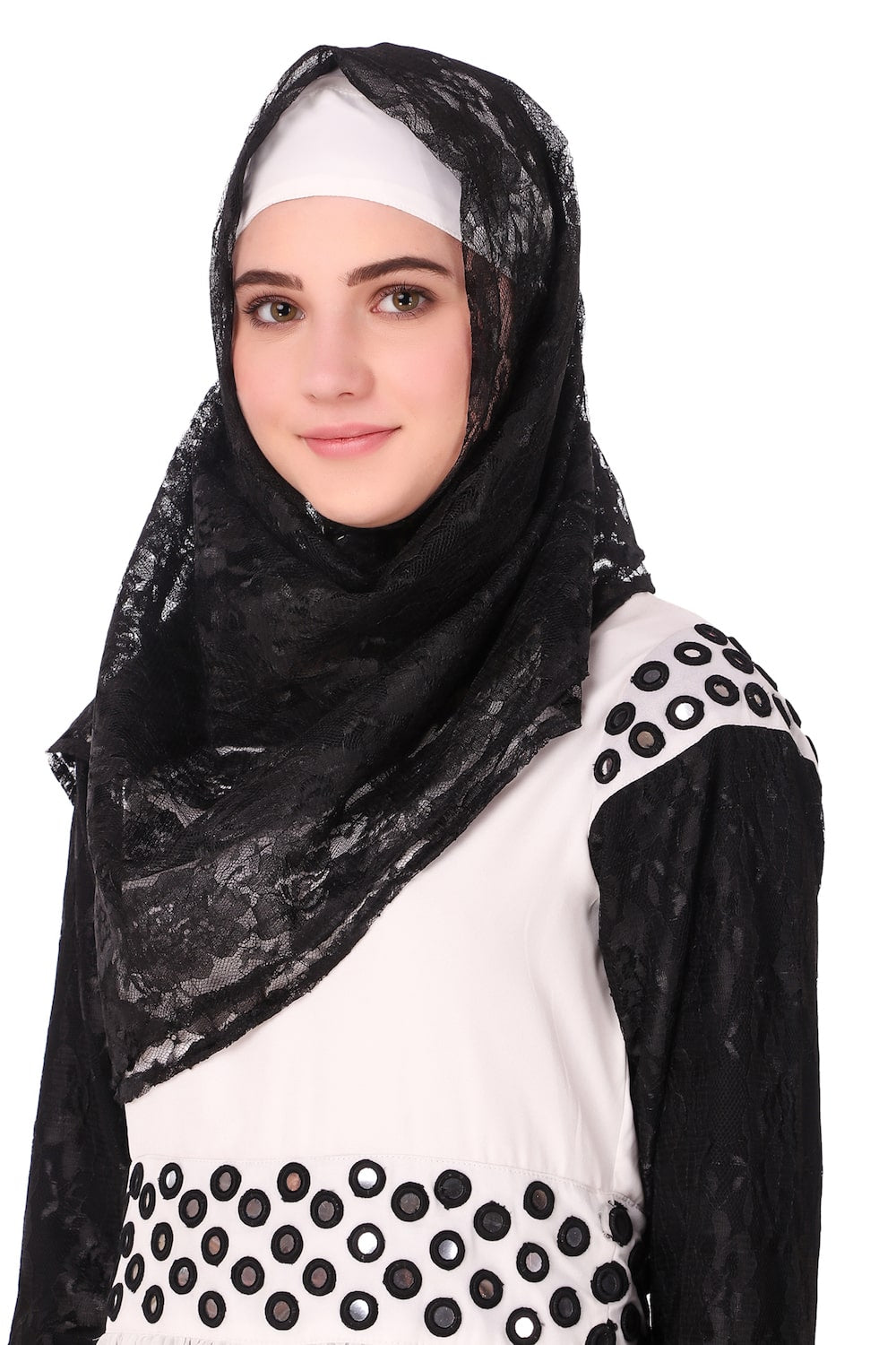 Taybah Fancy White and Black Flower Net and Nida Tunic