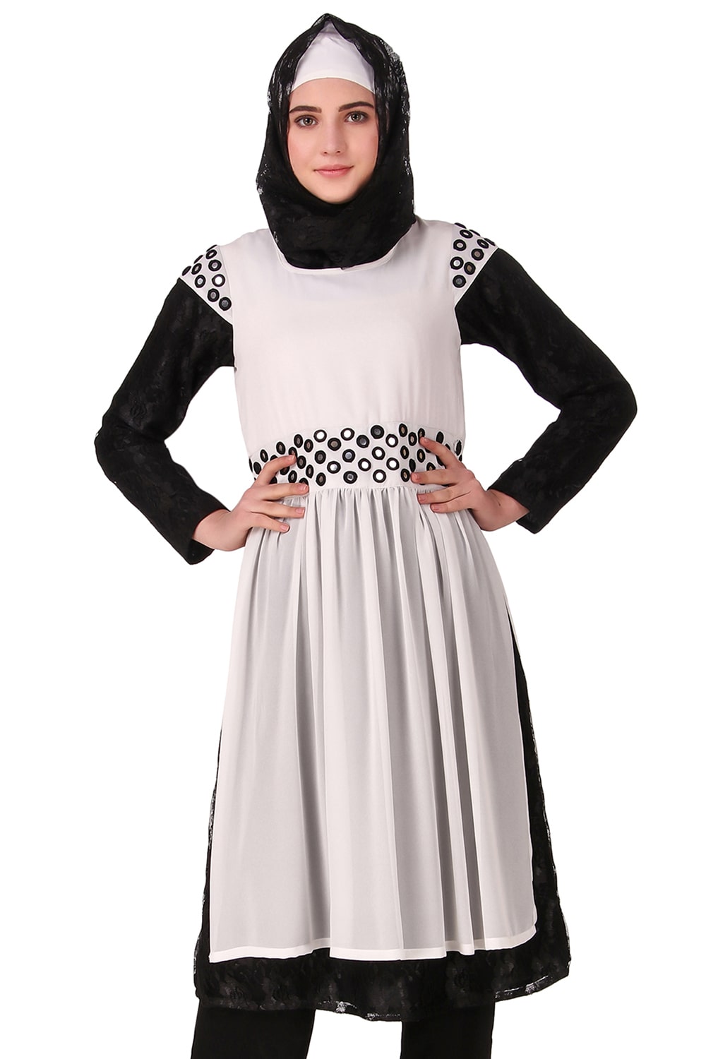 Taybah Fancy White and Black Flower Net and Nida Tunic