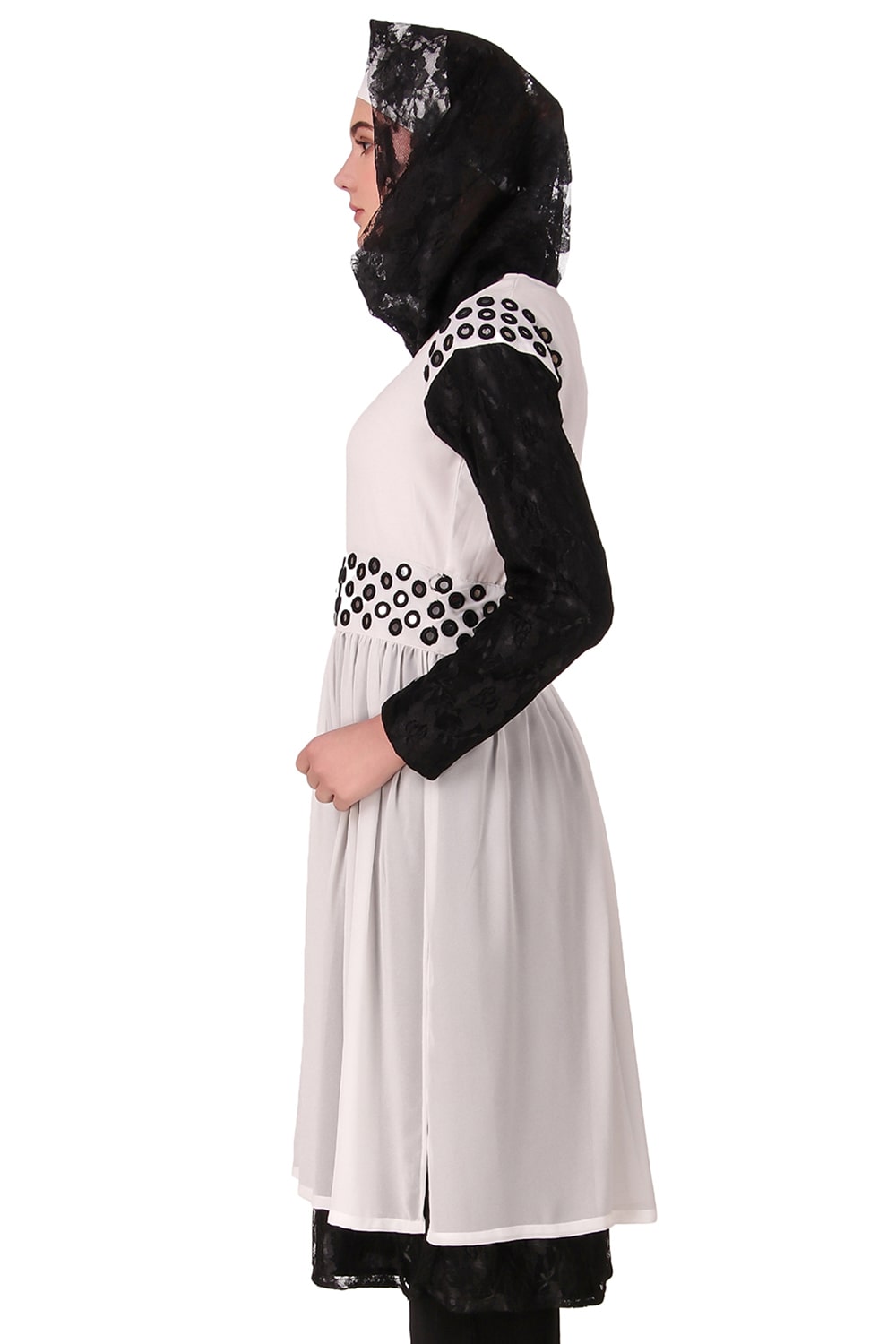 Taybah Fancy White and Black Flower Net and Nida Tunic