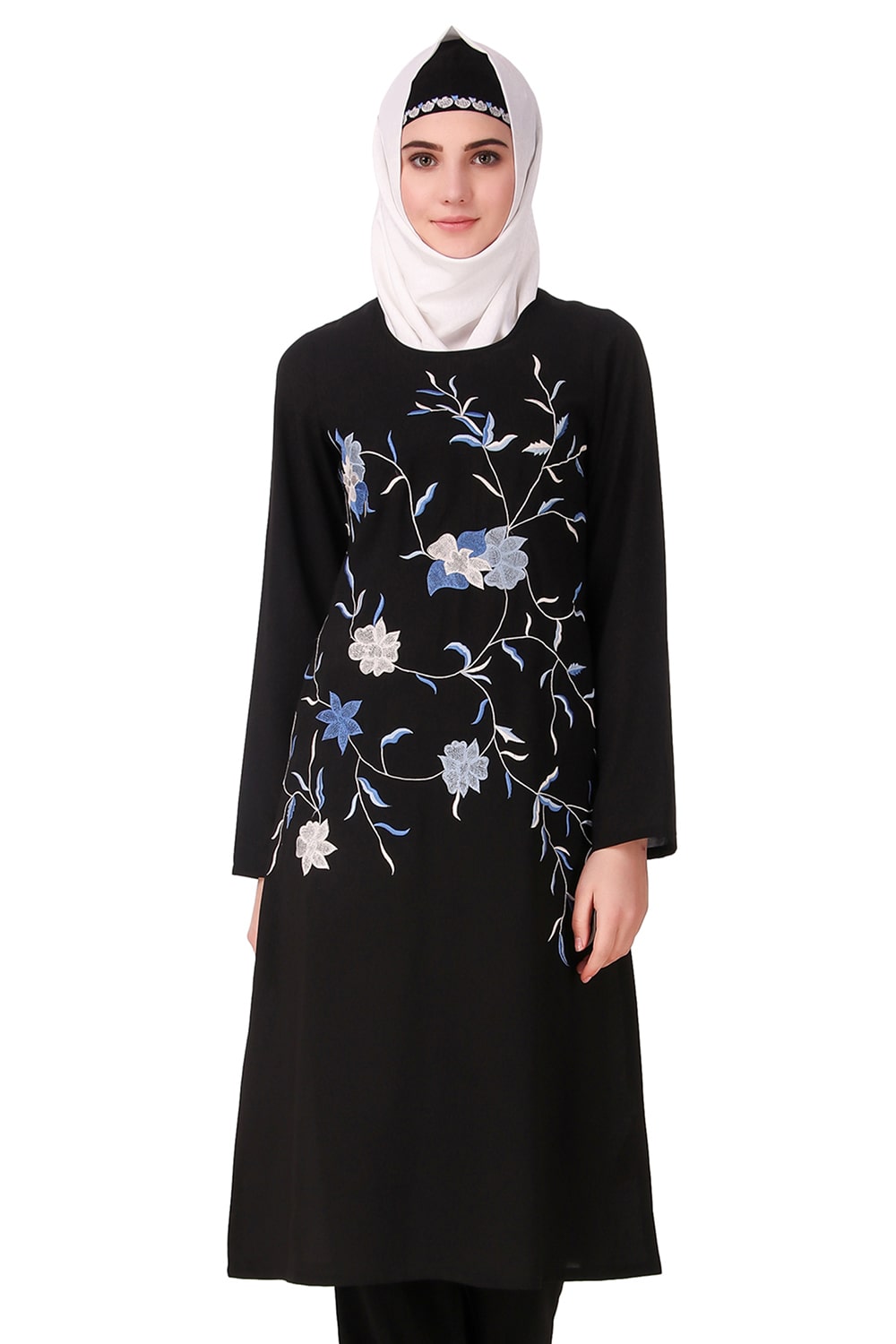 Black Leaf and Flower Embellished Black Nida Tunic