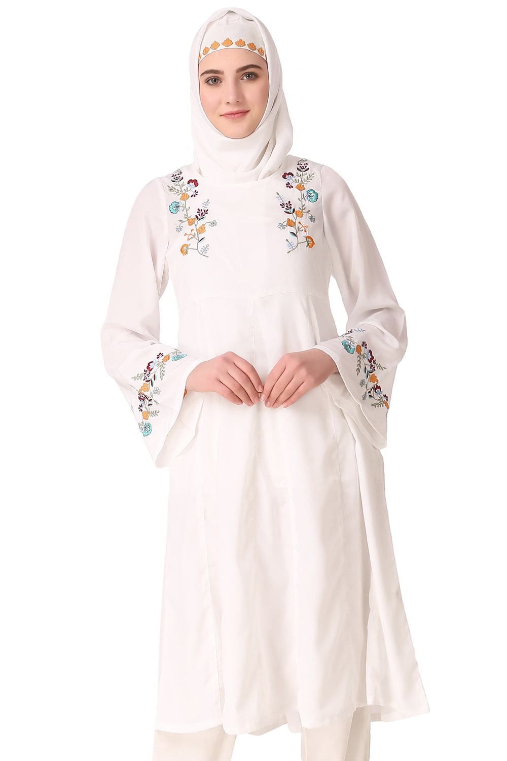 Colorful Embroidered Bell Sleeve White Tunic