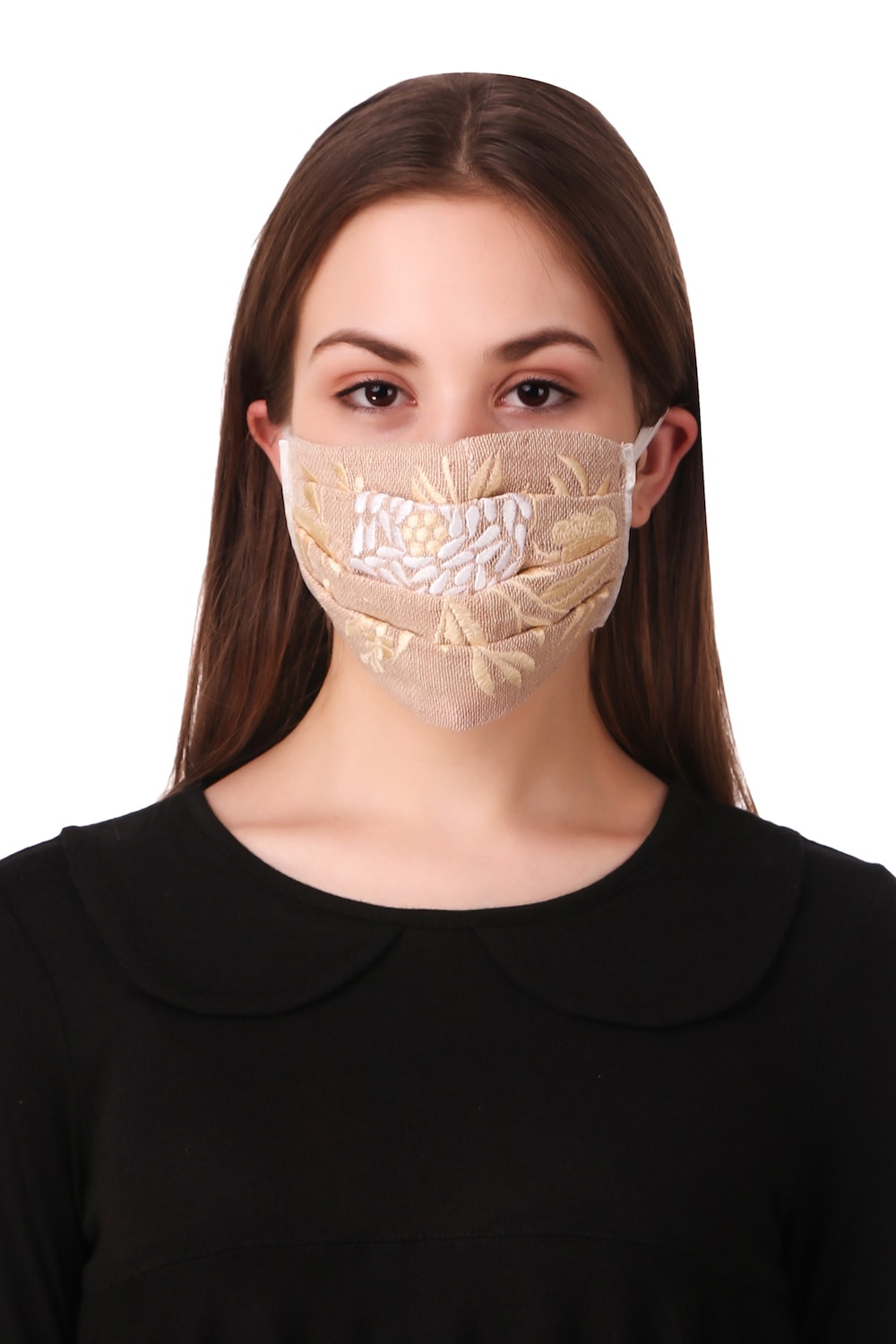 Floral Embroidered Jute Pleated Face Mask