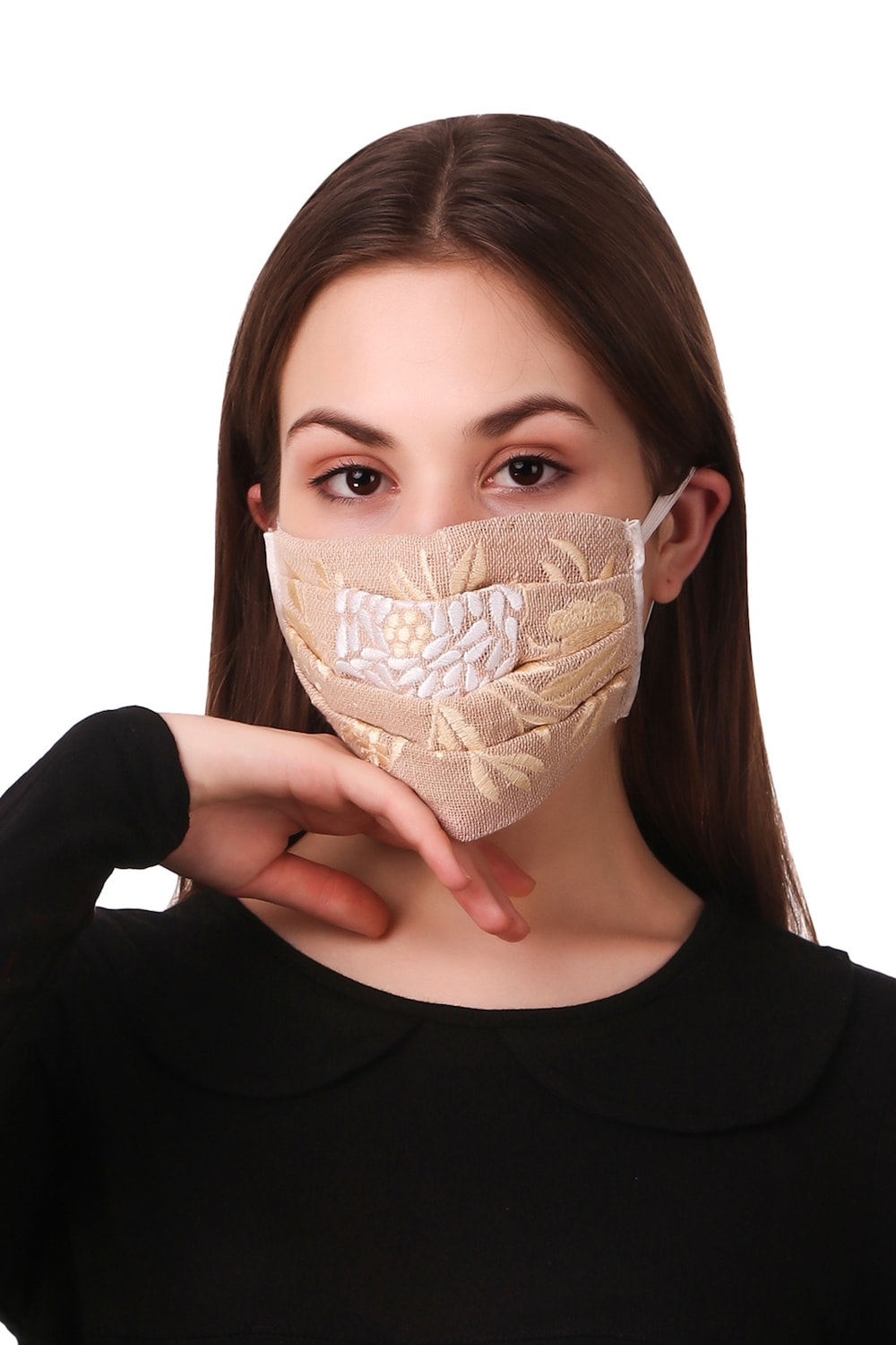 Floral Embroidered Jute Pleated Face Mask