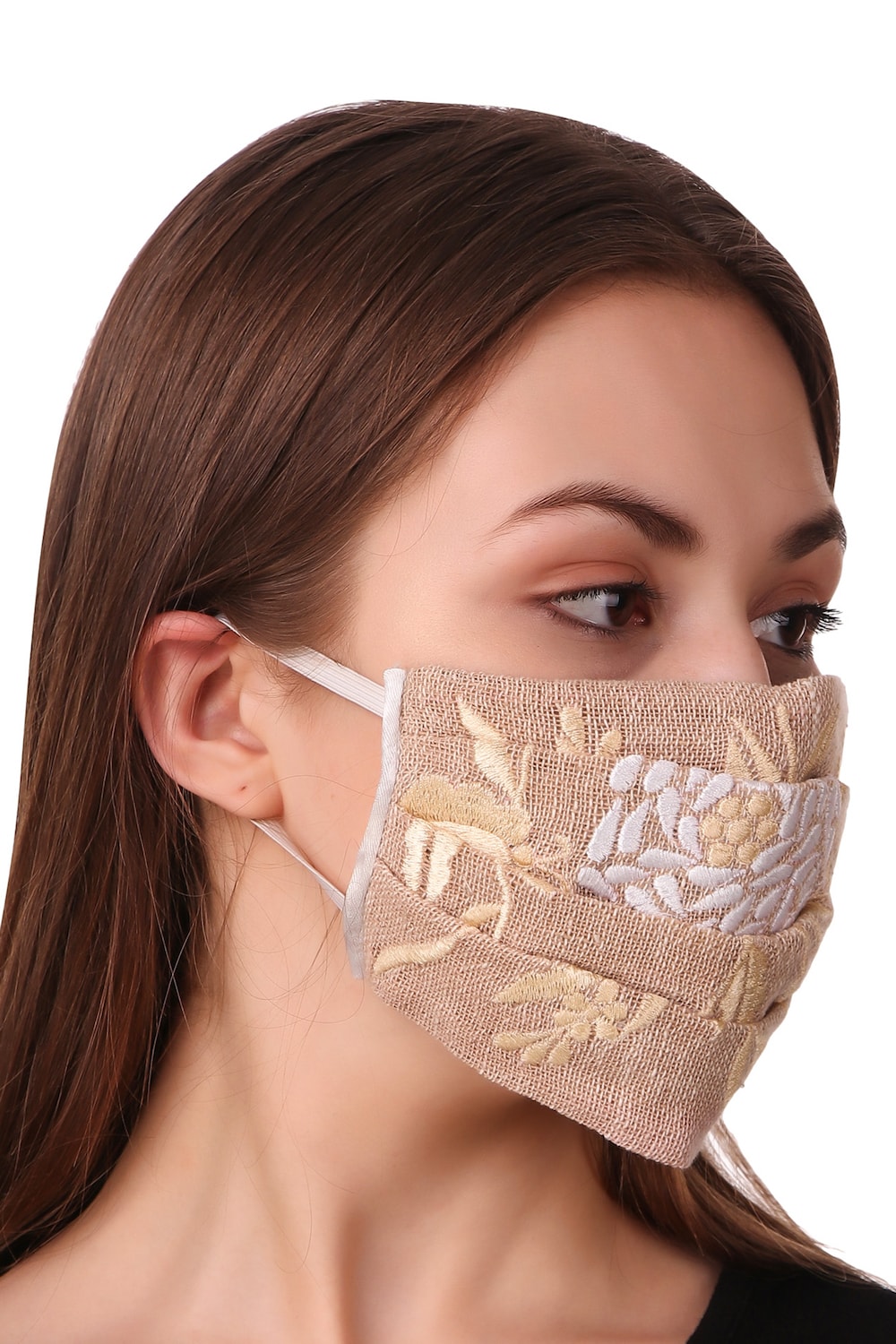 Floral Embroidered Jute Pleated Face Mask