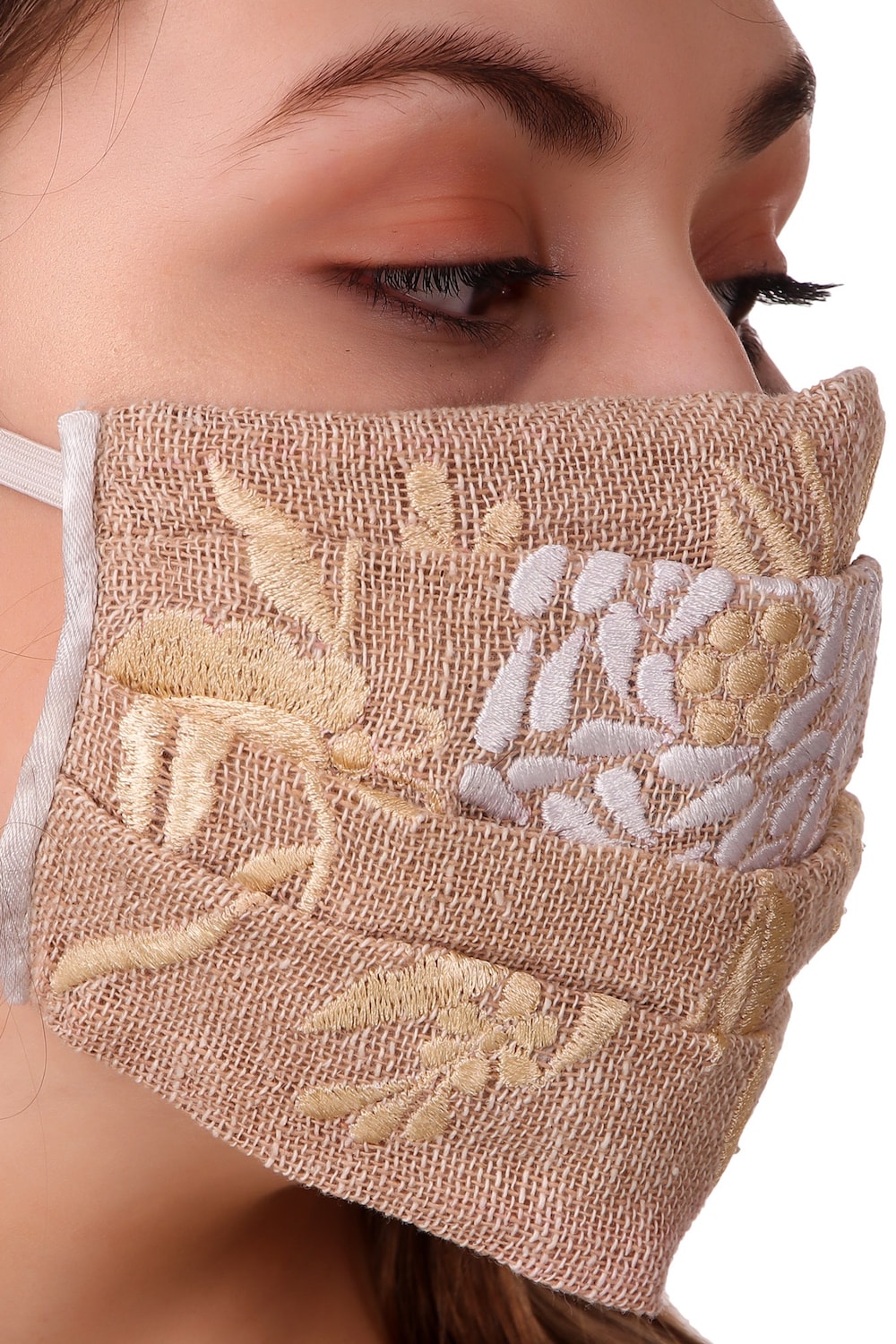 Floral Embroidered Jute Pleated Face Mask