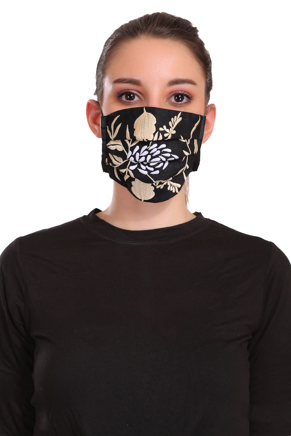 Floral Embroidered Black Rayon Pleated Face Mask