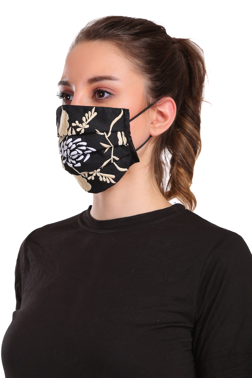 Floral Embroidered Black Rayon Pleated Face Mask