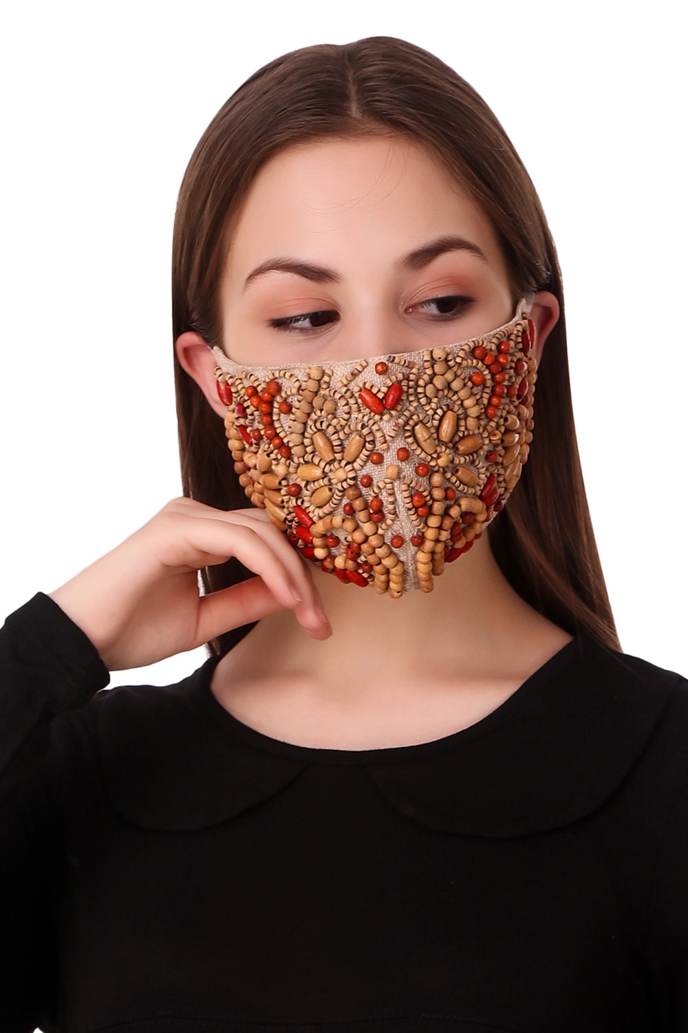 Hand Wooden Bead Embroidery Jute Face Mask