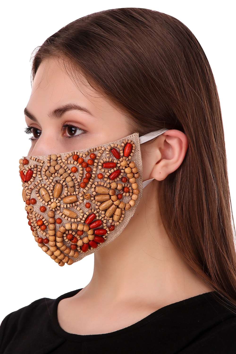 Hand Wooden Bead Embroidery Jute Face Mask