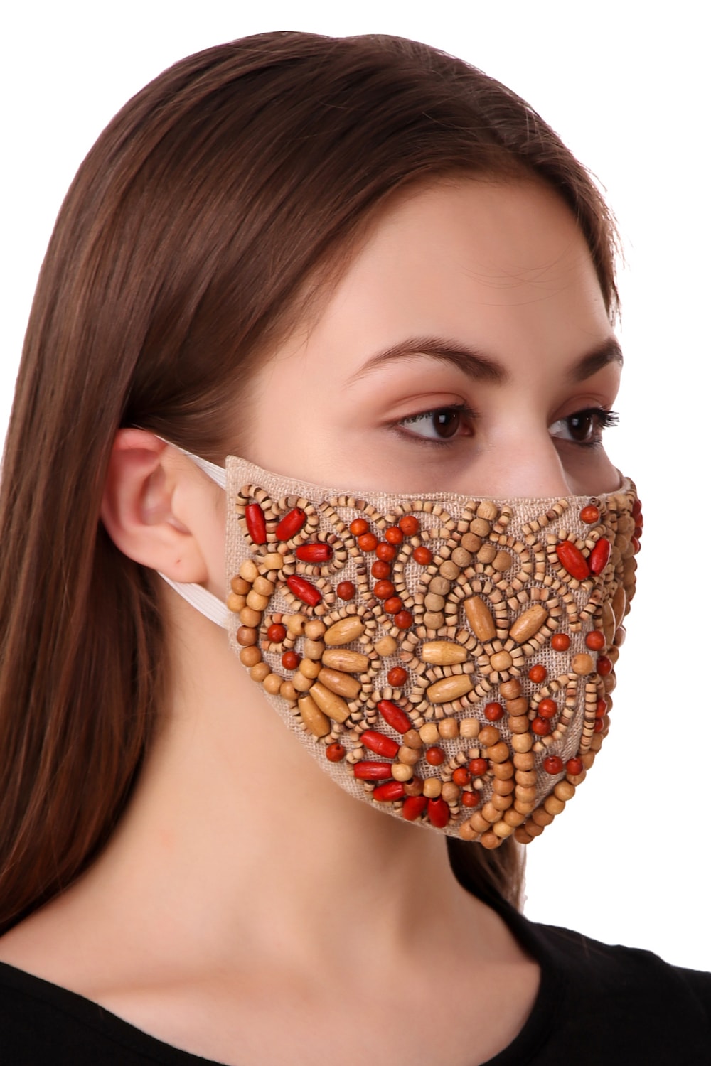 Hand Wooden Bead Embroidery Jute Face Mask