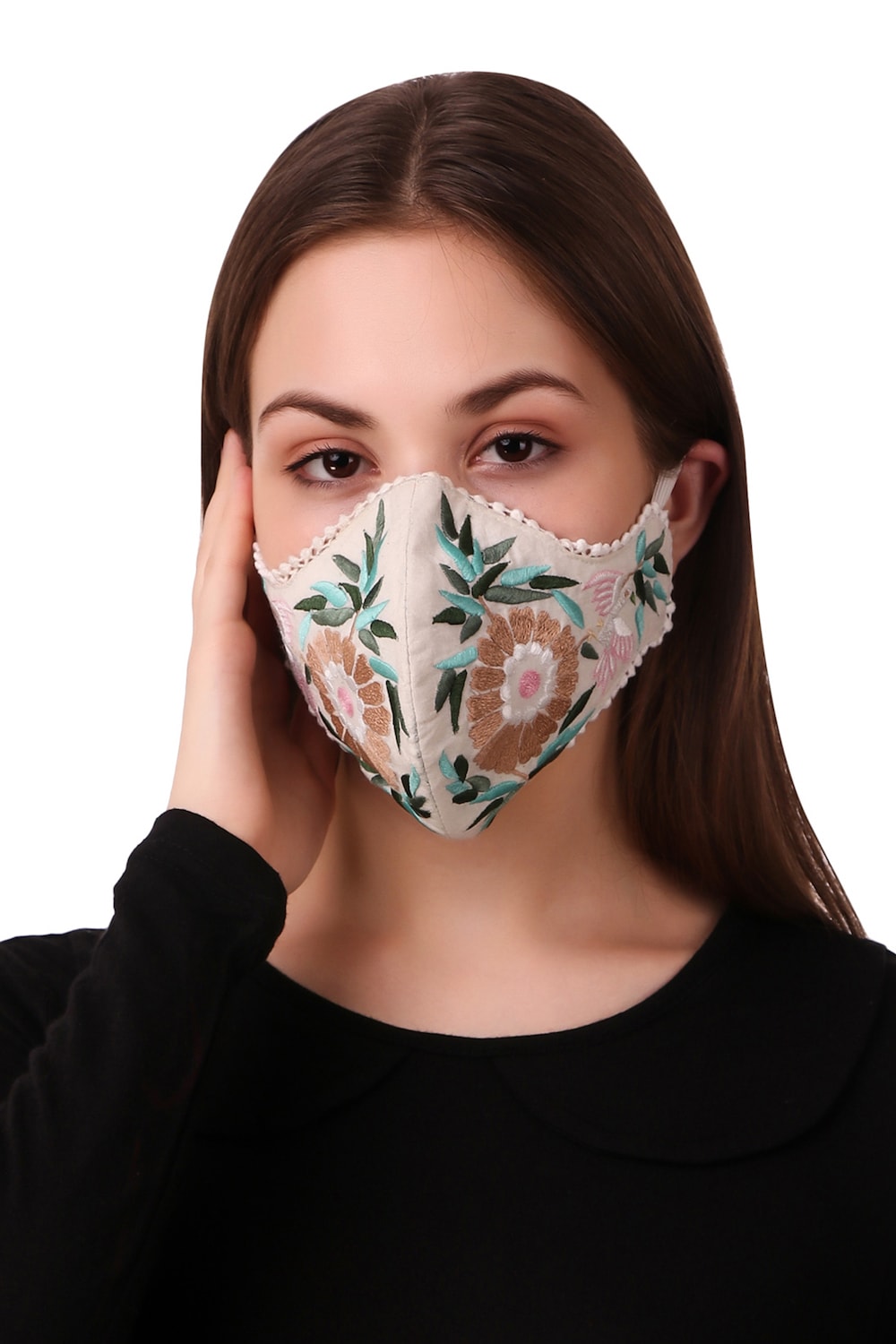 Floral Hand Embroidered Cotton Face Mask