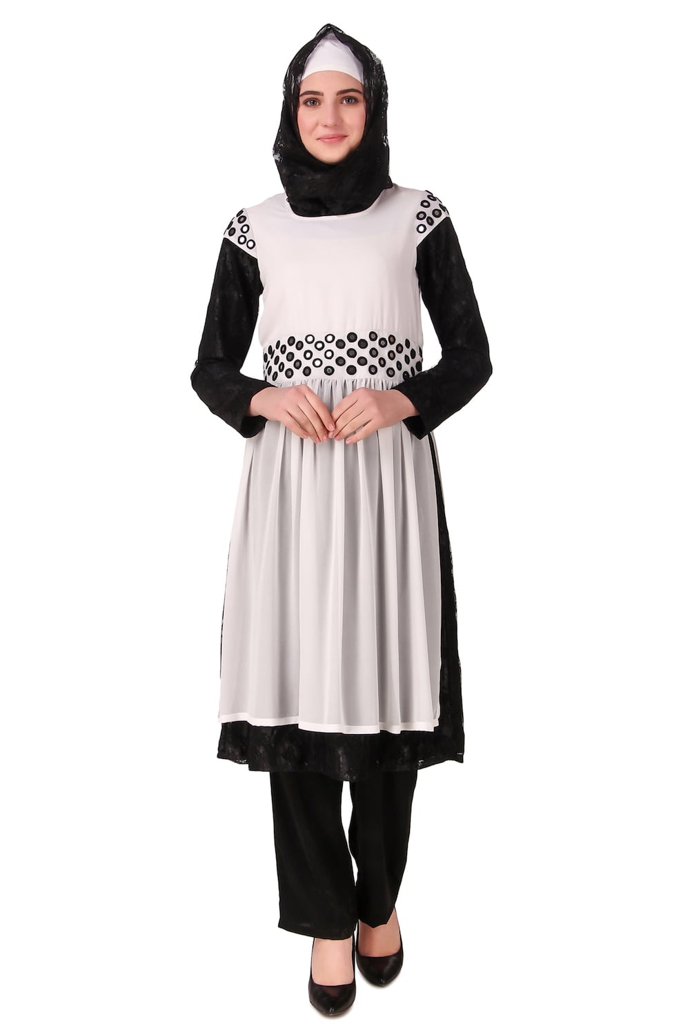 Taybah Fancy White and Black Flower Net and Nida Salwar Kameez