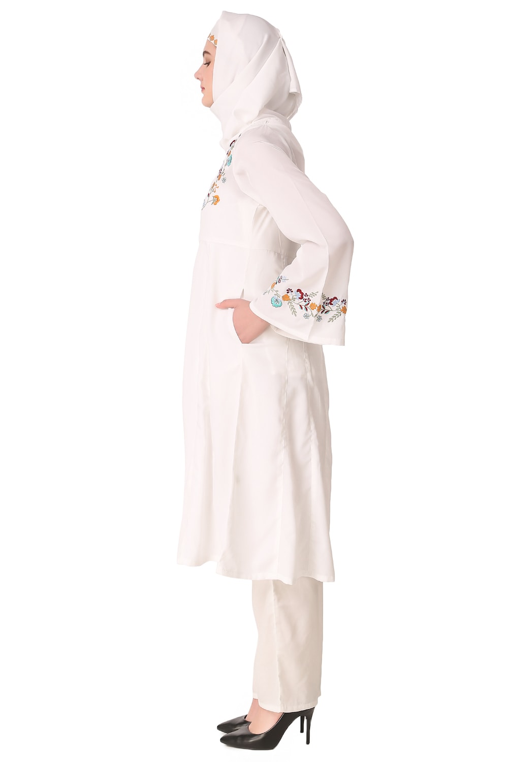 Colorful Embroidered Bell Sleeve White Salwar Kameez