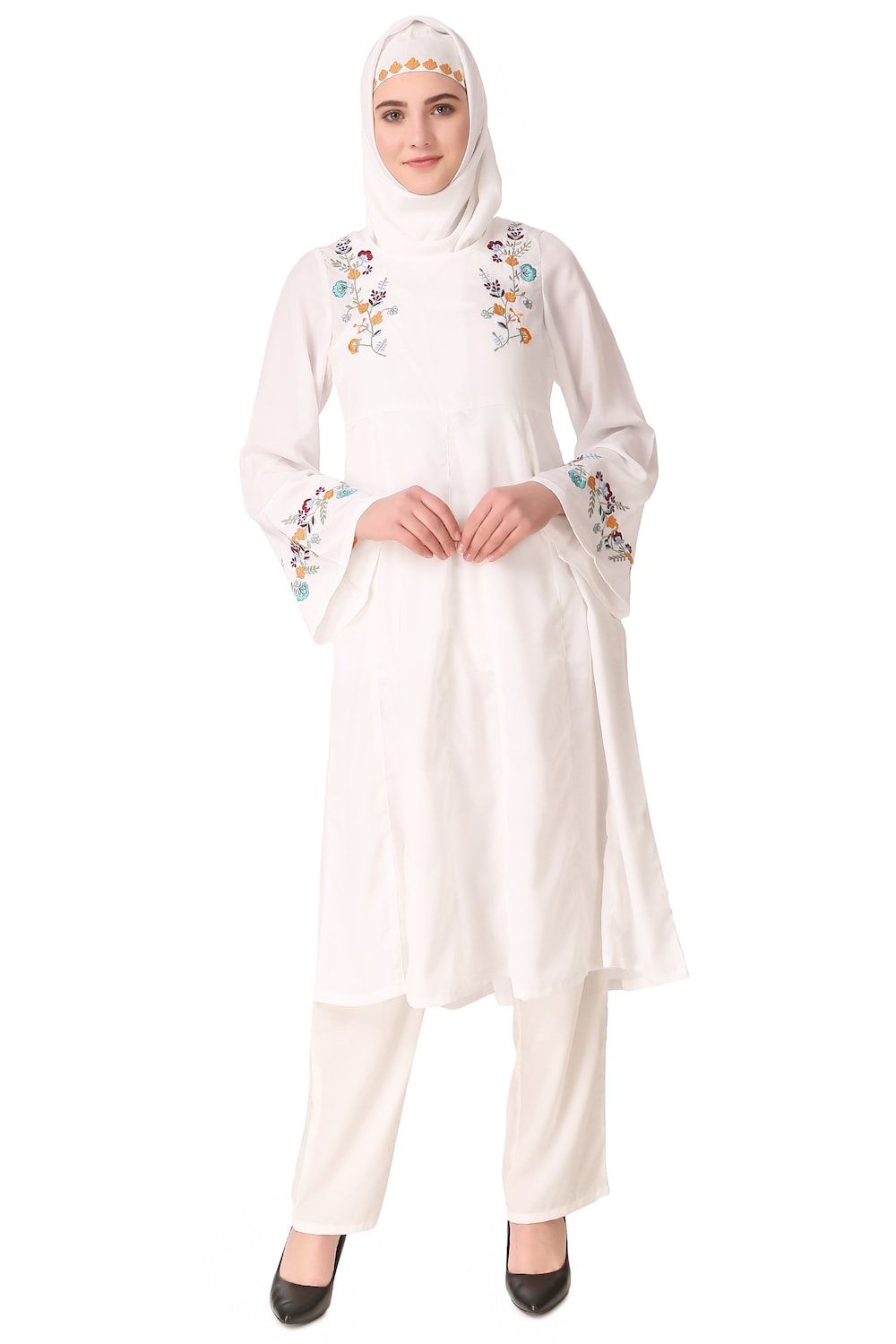 Colorful Embroidered Bell Sleeve White Salwar Kameez