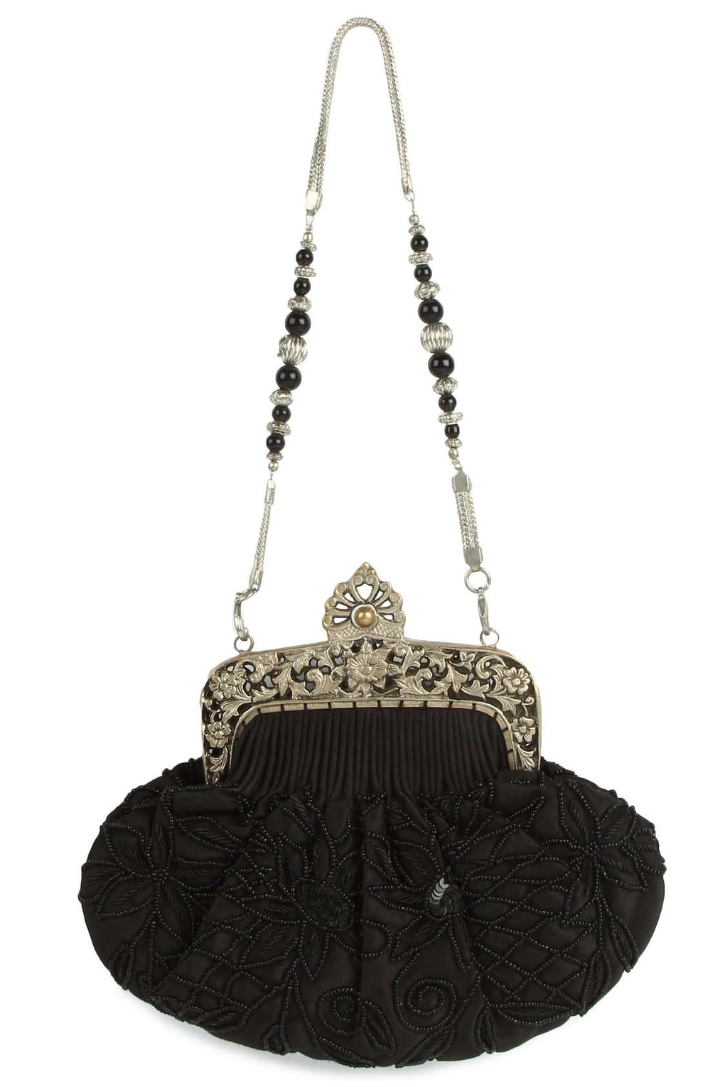 Ruby Black Beaded Brass Frame Bag