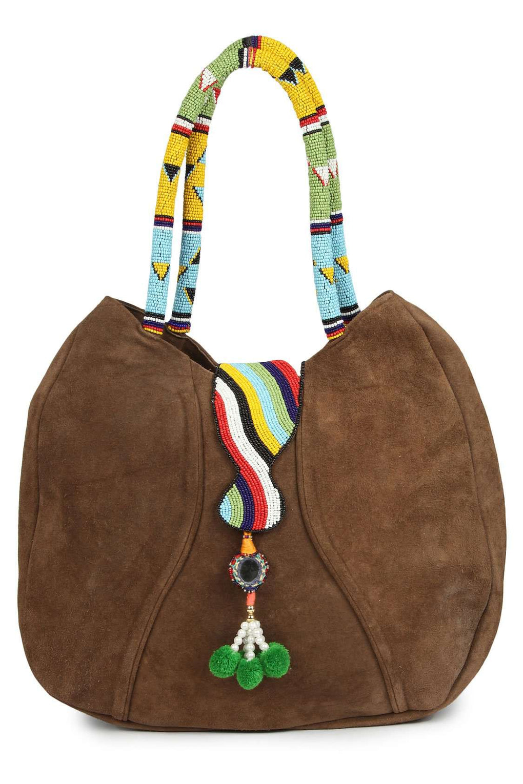 Allison Brown Suede Leather Embroidered Handle Bag