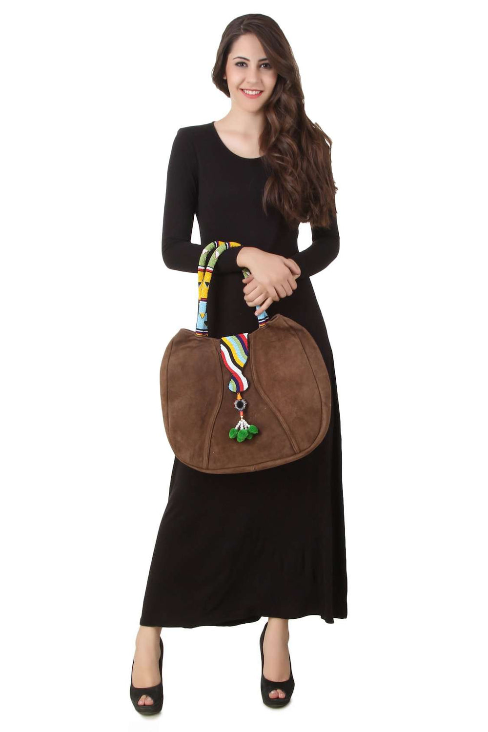 Allison Brown Suede Leather Embroidered Handle Bag