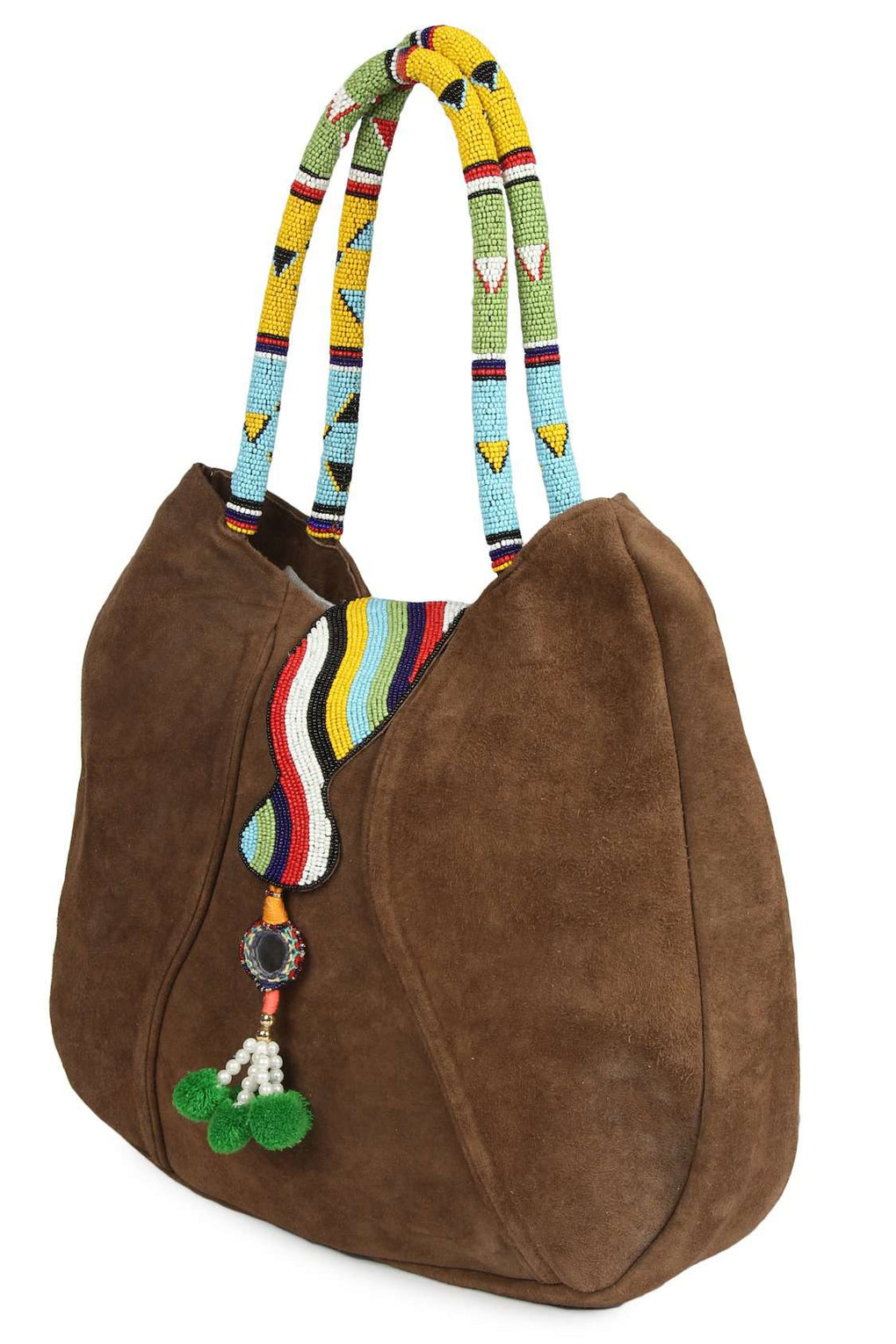 Allison Brown Suede Leather Embroidered Handle Bag