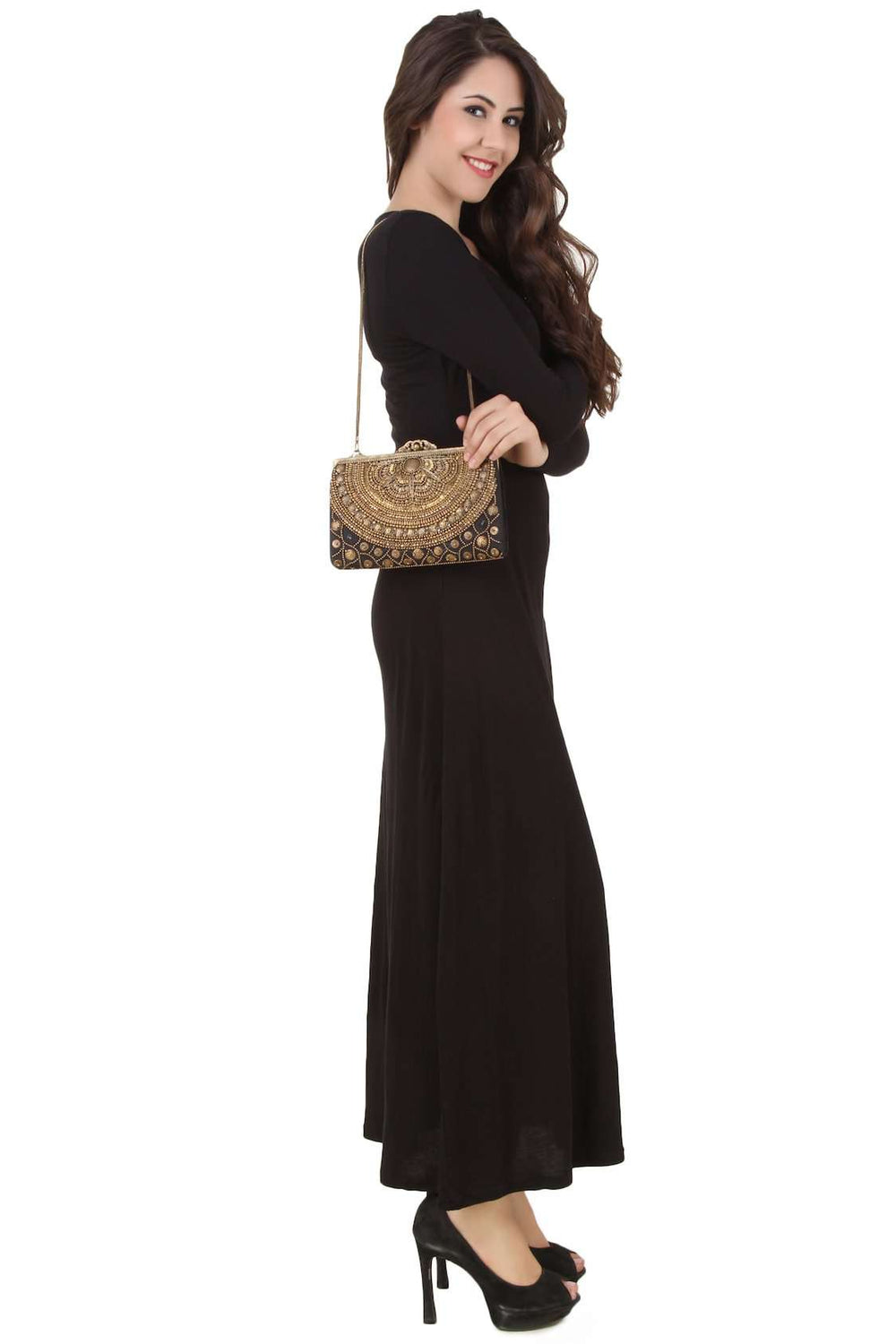 Ava Black & Gold Brass Frame Handbag