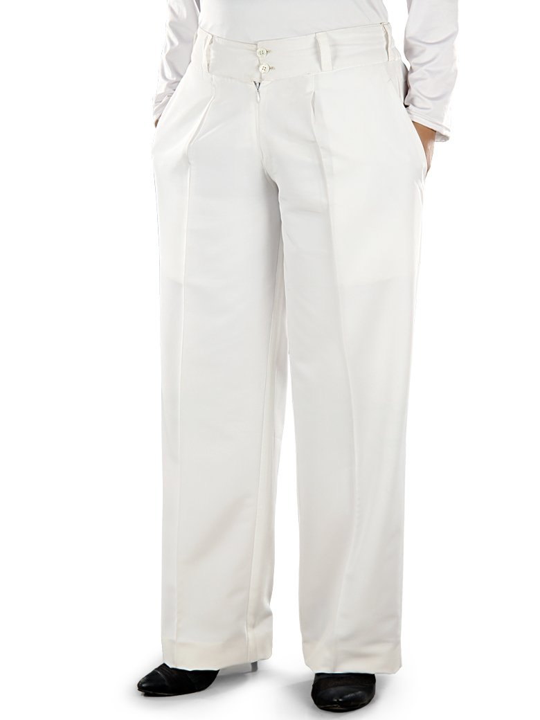 A pair of white, formal-style pants with a top waist placket, zip and button closure, and elastic waist on the back. The pants have utility pockets on both sides.