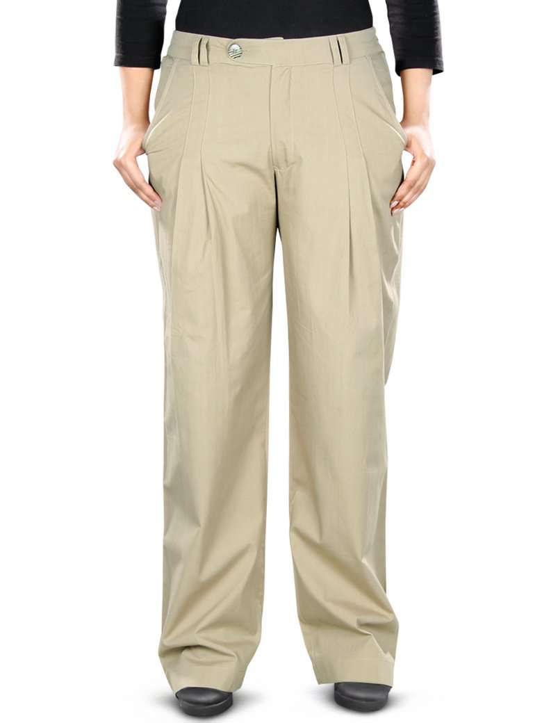 Khaki colored formal straight pants with a top waist placket, zip and flap button closure, knife pleats, utility pockets, and elastic back waist.