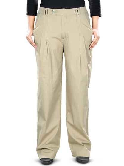 Khaki colored formal straight pants with a top waist placket, zip and flap button closure, knife pleats, utility pockets, and elastic back waist.