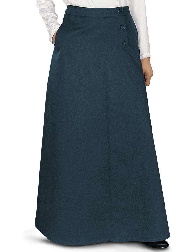 A navy blue twill skirt with a front open placket and buttons, and utility pockets on the sides. The skirt is worn by a person facing to the side.
