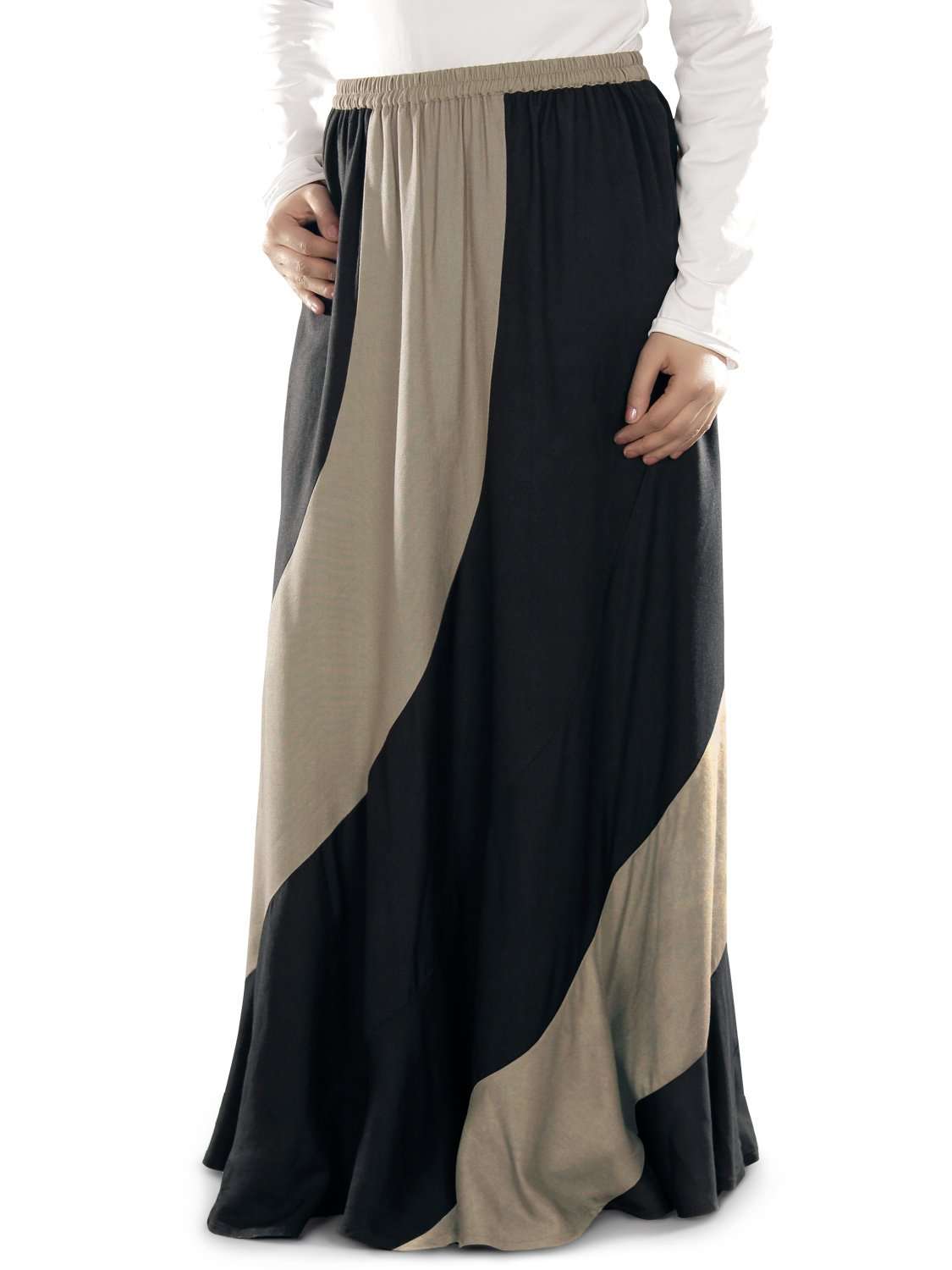 A black and khaki striped rayon skirt with an elastic waist on the back, displayed on a model.